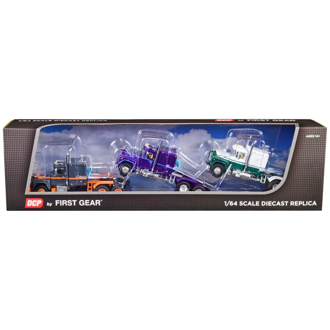 Mack R Sleeper Trio Set of 3 Truck Tractors in Gray Purple and Green 1/64 Diecast Models by DCP/First Gear - First Gear - ModelCars.com