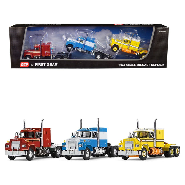 Mack R Sleeper Trio Set of 3 Truck Tractors in Red Blue and Yellow 1/64 Diecast Models by DCP/First Gear - First Gear - ModelCars.com