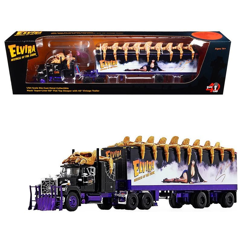 Mack Super - Liner 60" Flat Top Sleeper Cab with Vintage 40' Dry Goods Trailer "Elvira Mistress of the Dark" 40 Years TV Show Anniversary (1981 - 2021) 1/64 Diecast Model by DCP/First Gear - First Gear - ModelCars.com