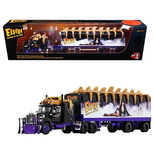 Mack Super - Liner 60" Flat Top Sleeper Cab with Vintage 40' Dry Goods Trailer "Elvira Mistress of the Dark" 40 Years TV Show Anniversary (1981 - 2021) 1/64 Diecast Model by DCP/First Gear - First Gear - ModelCars.com