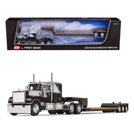 Mack Super - Liner with 60" Flat Top Sleeper & Fontaine Renegade LXT40 Lowboy Trailer with Flip Axle Black and Gray 1/64 Diecast Model by DCP/First Gear - First Gear - ModelCars.com