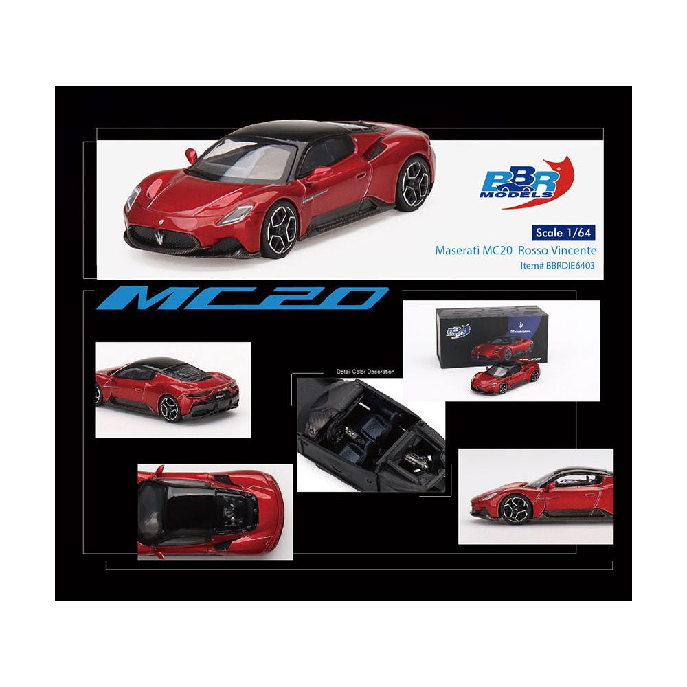 Maserati MC20 Rosso Vincente Red with Black Top 1/64 Diecast Model Car by BBR - BBR - ModelCars.com
