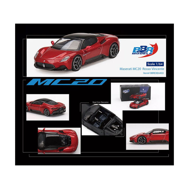 Maserati MC20 Rosso Vincente Red with Black Top 1/64 Diecast Model Car by BBR-BBR-ModelCars.com