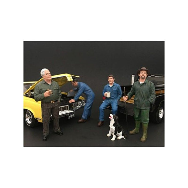 Mechanics and Customer and a Dog 5 piece Figurine Set for 1/18 Scale Models by American Diorama - American Diorama - ModelCars.com