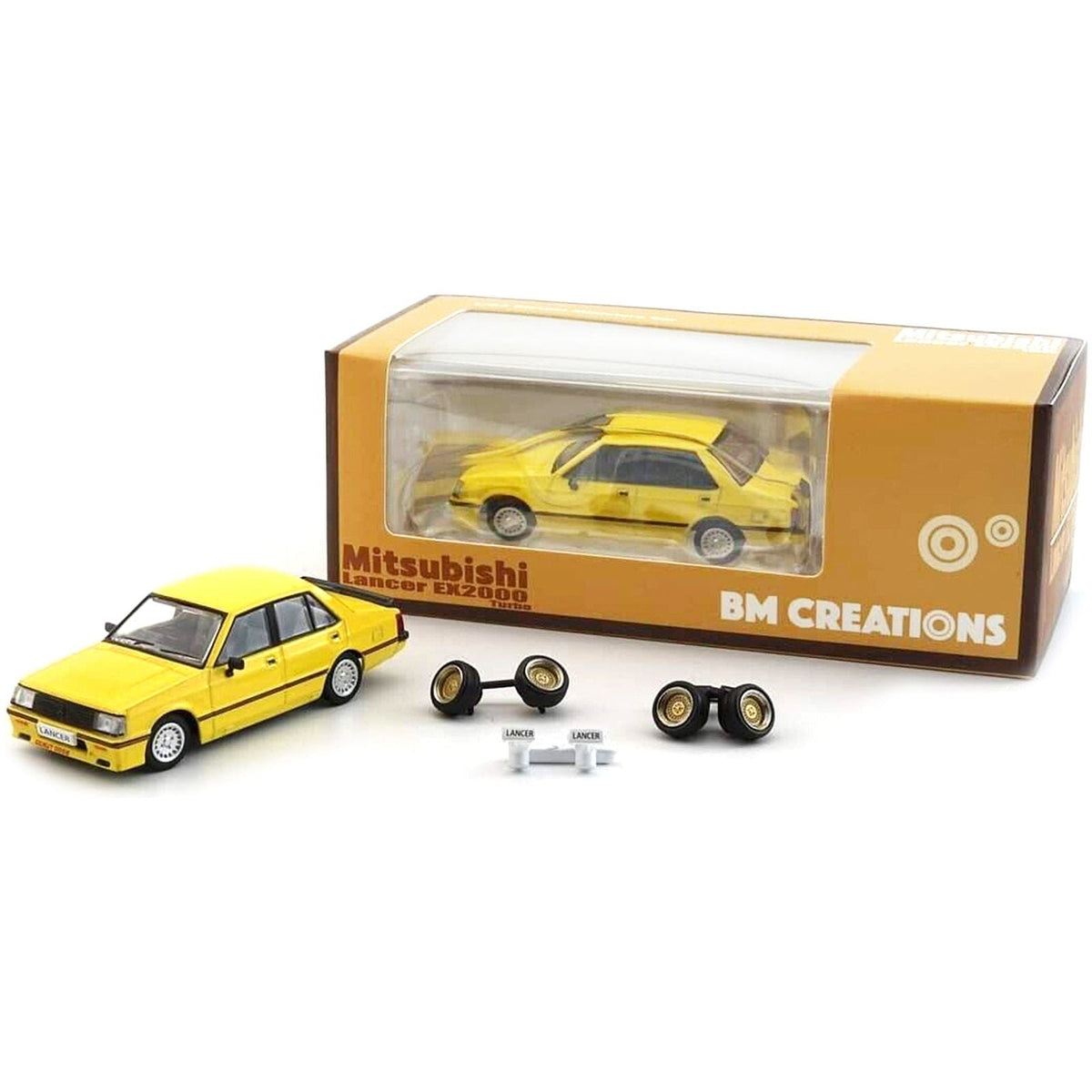 Mitsubishi Lancer EX2000 Turbo Yellow with Stripes with Extra Wheels 1/64 Diecast Model Car by BM Creations-BM Creations-ModelCars.com