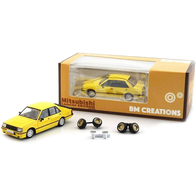 Mitsubishi Lancer EX2000 Turbo Yellow with Stripes with Extra Wheels 1/64 Diecast Model Car by BM Creations-BM Creations-ModelCars.com