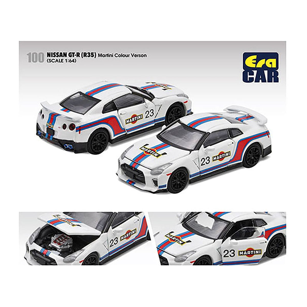 Nissan GT-R (R35) 23 White with Blue and Red Stripes "Martini Racing" Limited Edition to 960 pieces Worldwide 1/64 Diecast Model Car by Era Car-Era Car-ModelCars.com