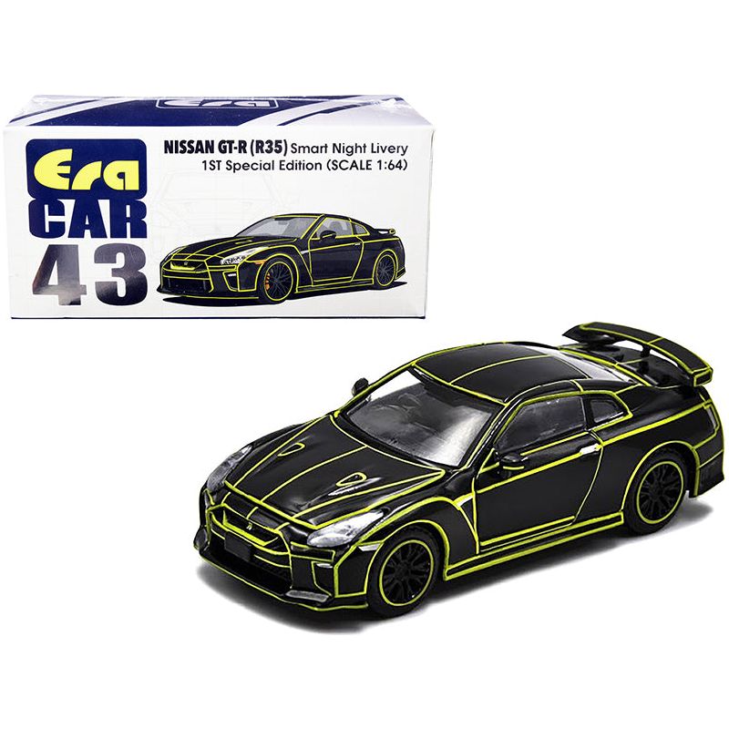 Nissan GT-R (R35) RHD (Right Hand Drive) Smart Night Livery Black with Yellow Stripes "1st Special Edition" 1/64 Diecast Model Car by Era Car-Era Car-ModelCars.com