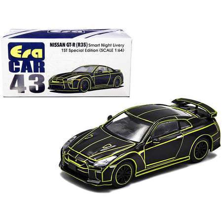 Nissan GT-R (R35) RHD (Right Hand Drive) Smart Night Livery Black with Yellow Stripes "1st Special Edition" 1/64 Diecast Model Car by Era Car-Era Car-ModelCars.com