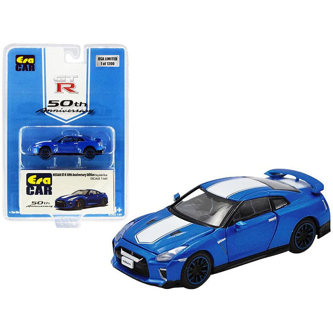 Nissan GT - R RHD (Right Hand Drive) Bayside Blue with White Stripe "50th Anniversary Edition" Limited Edition to 1200 pieces 1/64 Diecast Model Car by Era Car - Era Car - ModelCars.com