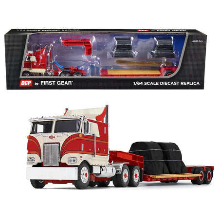 Peterbilt 352 COE 110" Sleeper with Turbo Wing and Rogers Vintage Lowboy Trailer with Coil Load Cream and Red 1/64 Diecast Model by DCP/First Gear - First Gear - ModelCars.com