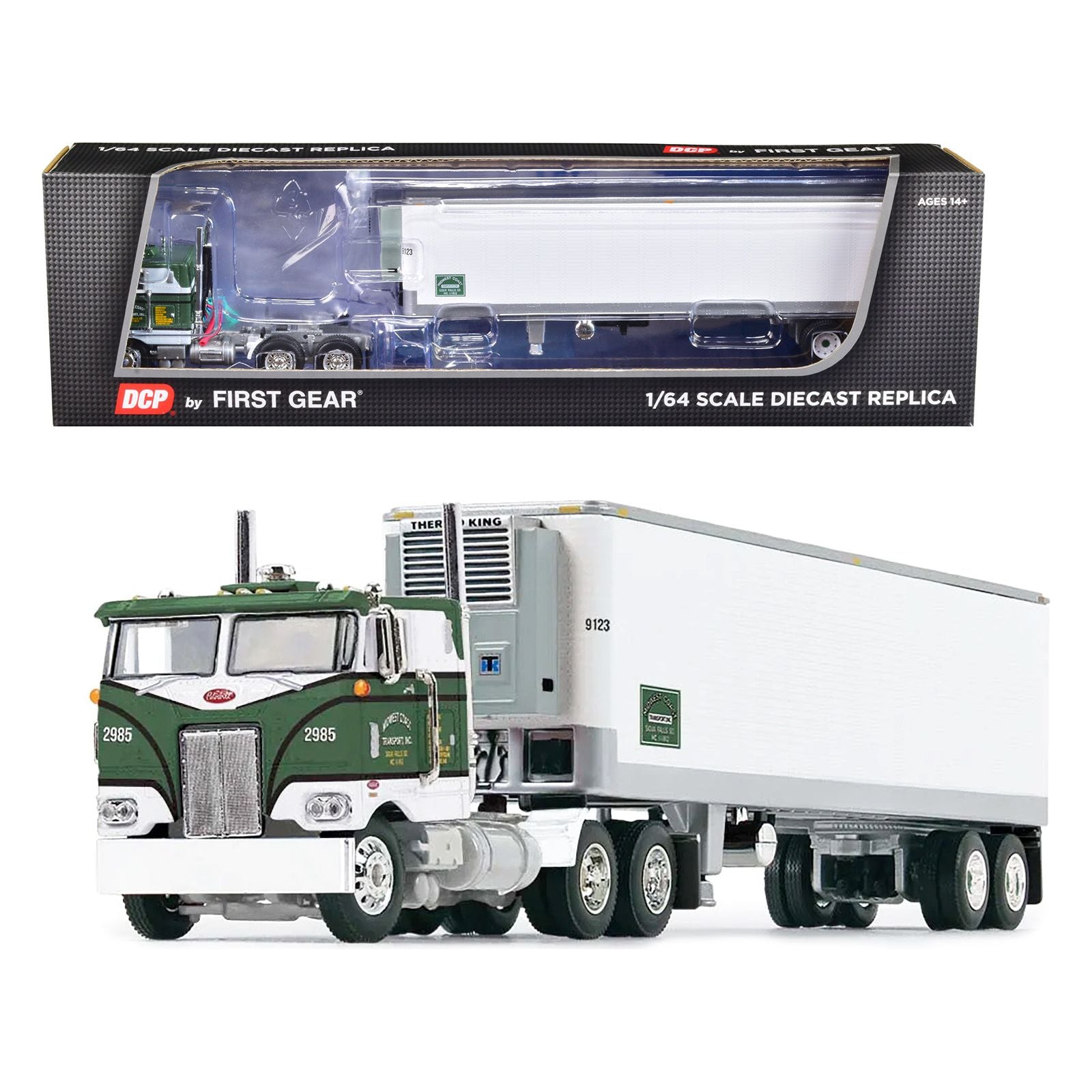 Peterbilt 352 COE 86" Sleeper and 40' Vintage Refrigerated Trailer Green with Graphics "Midwest Coast Transport" "Fallen Flag" Series 1/64 Diecast Model by DCP/First Gear - First Gear - ModelCars.com