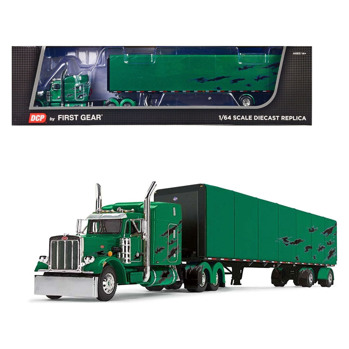 Peterbilt 359 with 63" Mid-Roof Sleeper and Utility Roll Tarp Trailer Green Metallic with Black Graphics 1/64 Diecast Model by DCP/First Gear-First Gear-ModelCars.com