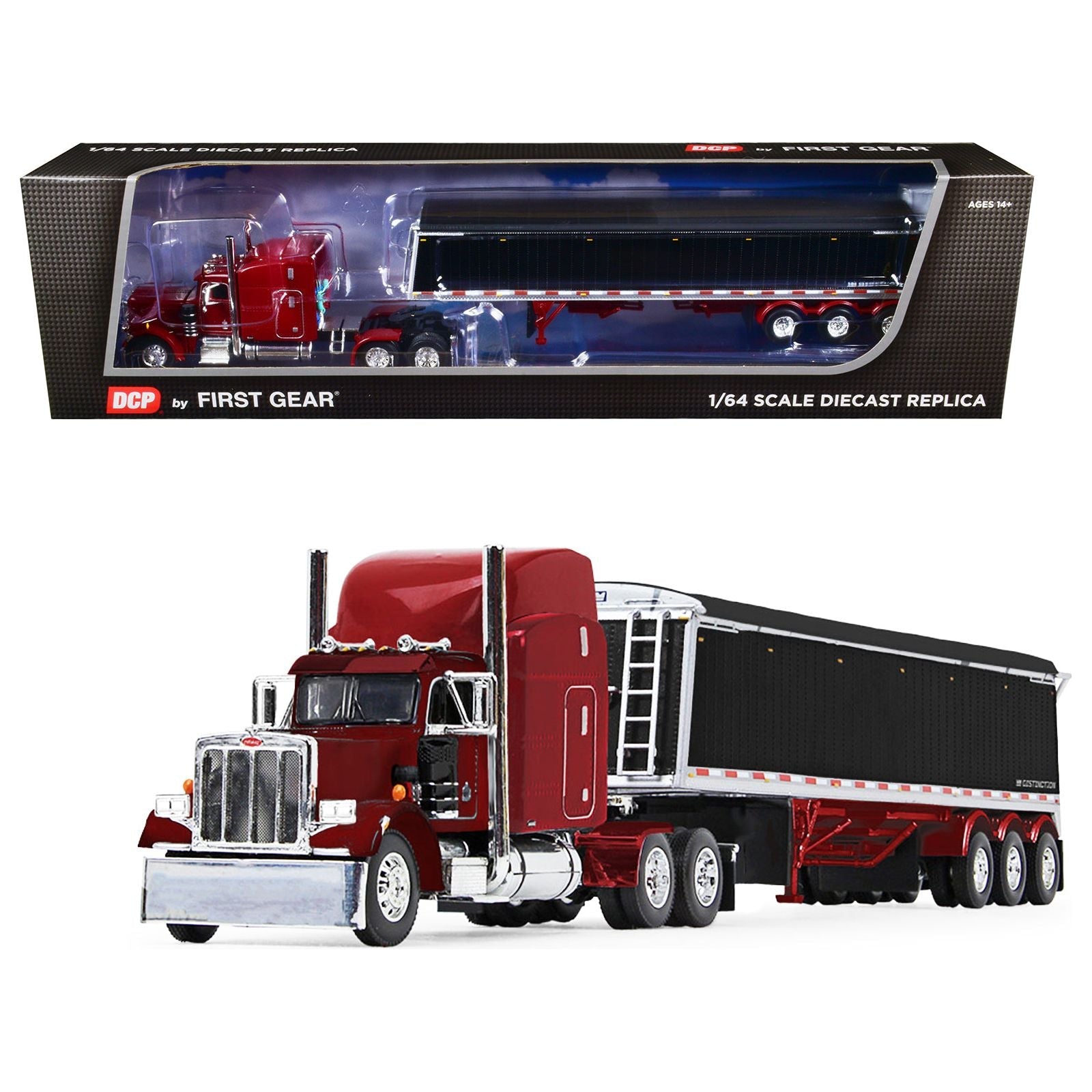 Peterbilt 359 with Mid - Roof Sleeper and Lode King Distinction Tri - Axle Hopper Trailer Spectra Red 1/64 Diecast Model by DCP/First Gear - First Gear - ModelCars.com