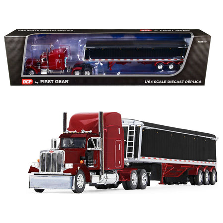 Peterbilt 359 with Mid - Roof Sleeper and Lode King Distinction Tri - Axle Hopper Trailer Spectra Red 1/64 Diecast Model by DCP/First Gear - First Gear - ModelCars.com