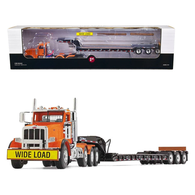 Peterbilt 367 Day Cab Bright Orange and Talbert 55SA Tri - Axle Lowboy Trailer Black 1/50 Diecast Model by First Gear - First Gear - ModelCars.com