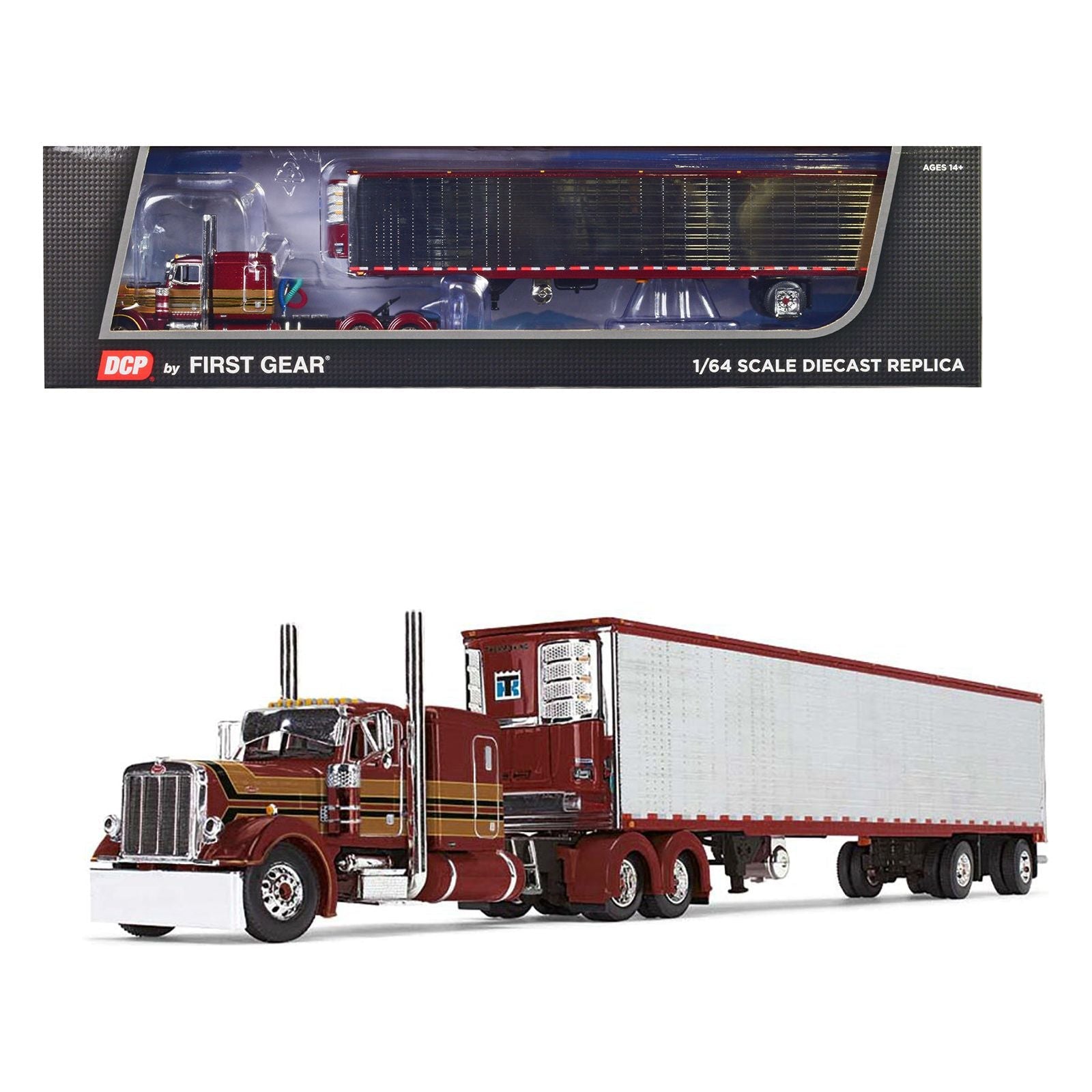 Peterbilt 379 with 63" Flat Top Sleeper and 53' Refrigerated Ribbed Sided Trailer Red Metallic with Stripes 1/64 Diecast Model by DCP/First Gear - First Gear - ModelCars.com