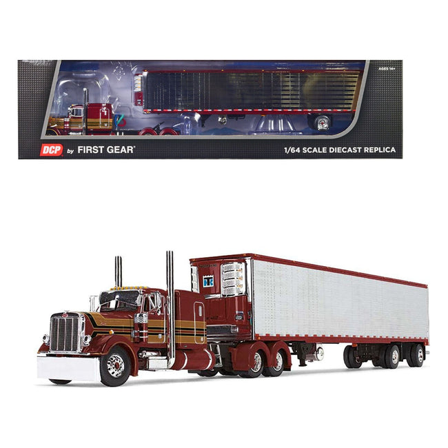 Peterbilt 379 with 63" Flat Top Sleeper and 53' Refrigerated Ribbed Sided Trailer Red Metallic with Stripes 1/64 Diecast Model by DCP/First Gear - First Gear - ModelCars.com