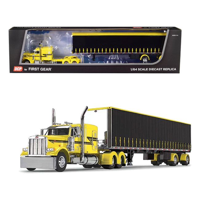 Peterbilt 379 with 63" Flat Top Sleeper and 53' Utility Tautliner Spread - Axle Trailer Yellow and Black 1/64 Diecast Model by DCP/First Gear - First Gear - ModelCars.com