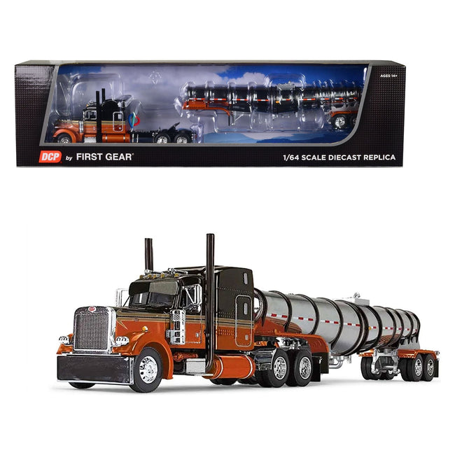 Peterbilt 379 with 63" Mid - Roof Sleeper and Polar Deep Drop Tank Trailer Burnt Orange and Black 1/64 Diecast Model by DCP/First Gear - First Gear - ModelCars.com