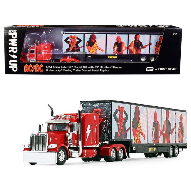 Peterbilt 389 63" Mid - Roof Sleeper Cab Viper Red with Kentucky Moving Trailer "AC/DC Power Up" 1/64 Diecast Model by DCP/First Gear - First Gear - ModelCars.com
