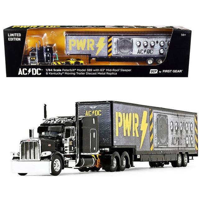Peterbilt 389 63" Mid - Roof Sleeper Cab with Kentucky Moving Trailer "AC/DC Power Up" Black 1/64 Diecast Model by DCP/First Gear - First Gear - ModelCars.com
