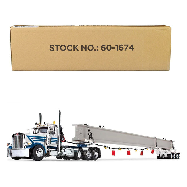 Peterbilt 389 Day Cab and ERMC 4 - Axle Hydra - Steer Trailer with Bridge Beam Section Load White and Blue 1/64 Diecast Model by DCP/First Gear - First Gear - ModelCars.com