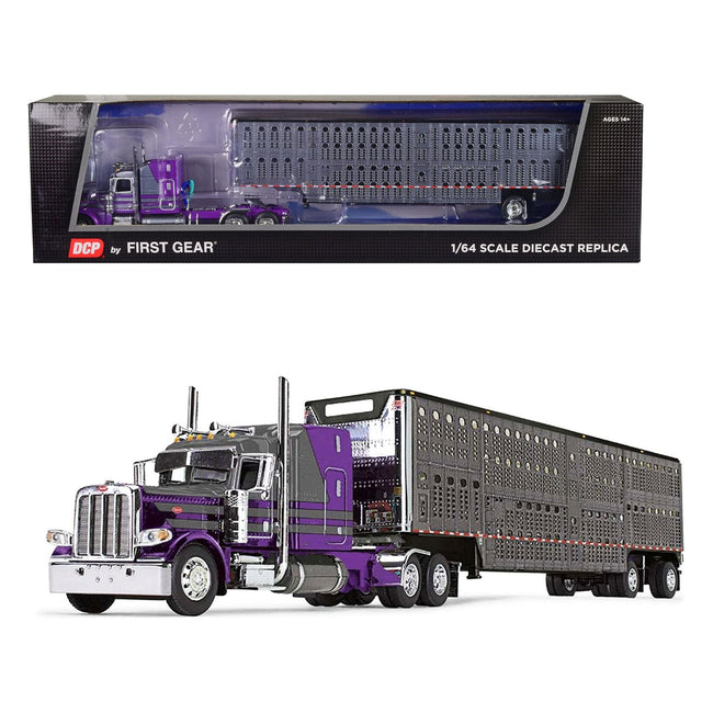 Peterbilt 389 with 63" Mid - Roof Sleeper and Wilson Silverstar Livestock Trailer Purple and Gunmetal Gray 1/64 Diecast Model by DCP/First Gear - First Gear - ModelCars.com