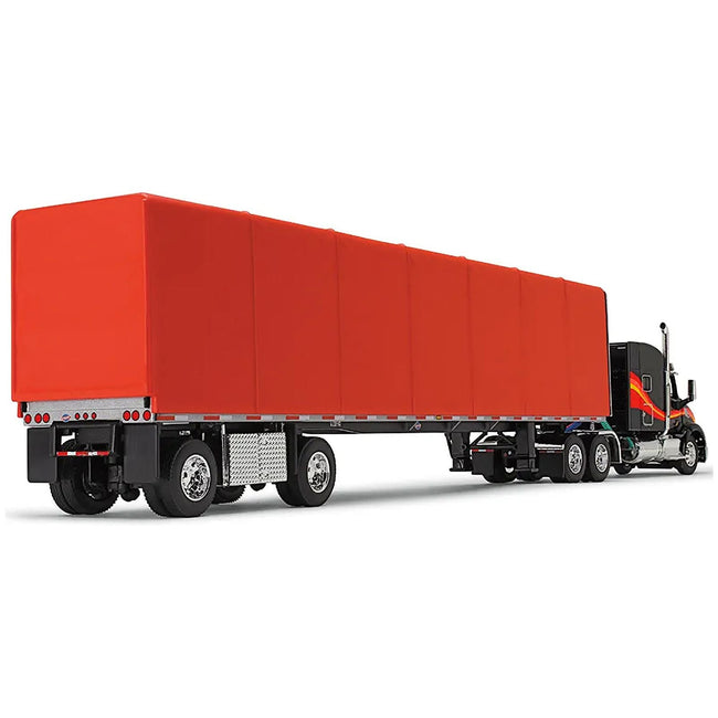 Peterbilt 579 with 72" Mid - Roof Sleeper and 53' Utility RollTarp Trailer Black and Red 1/64 Diecast Model by DCP/First Gear - First Gear - ModelCars.com