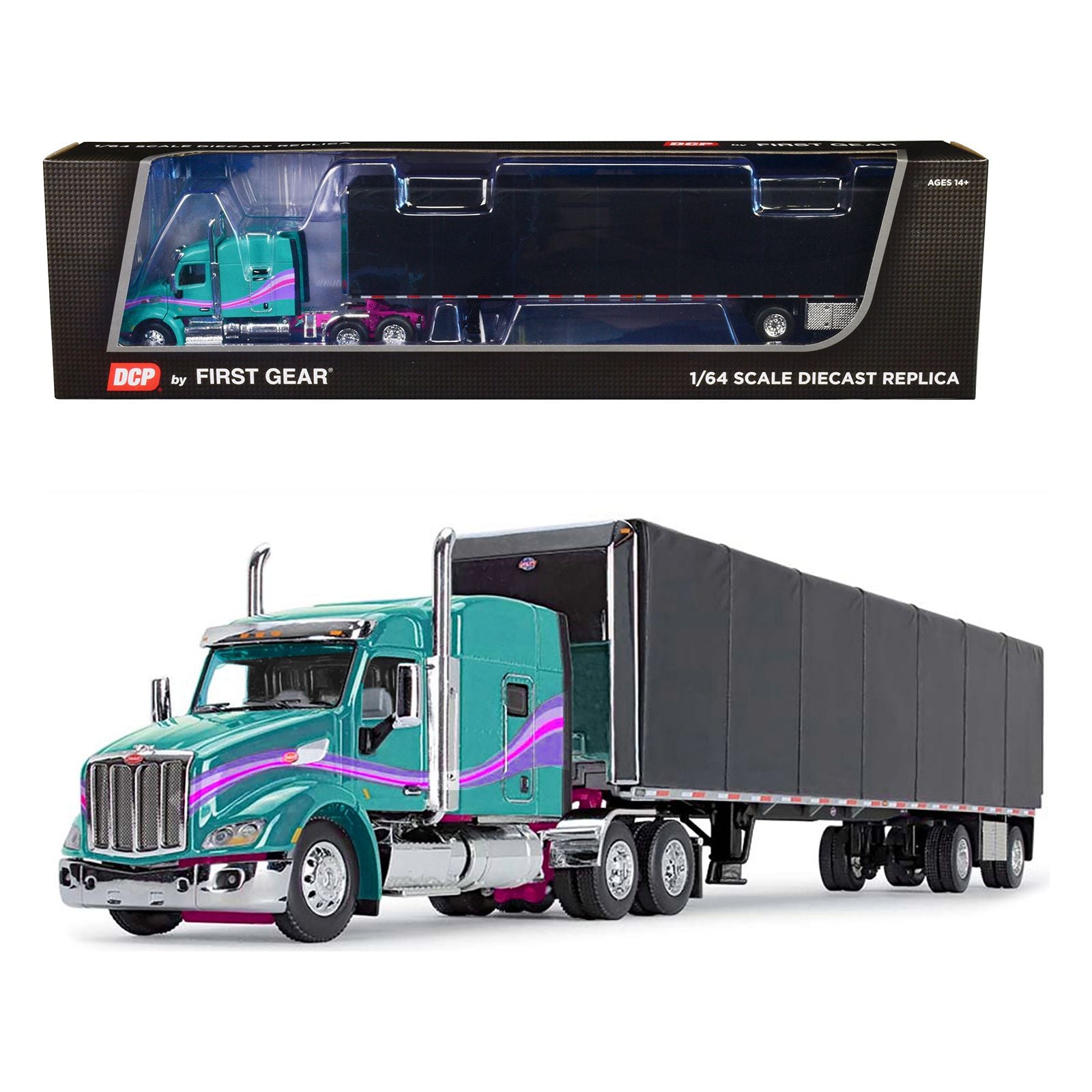 Peterbilt 579 with 72" Mid - Roof Sleeper and 53' Utility RollTarp Trailer Teal and Black with Purple Stripes 1/64 Diecast Model by DCP/First Gear - First Gear - ModelCars.com