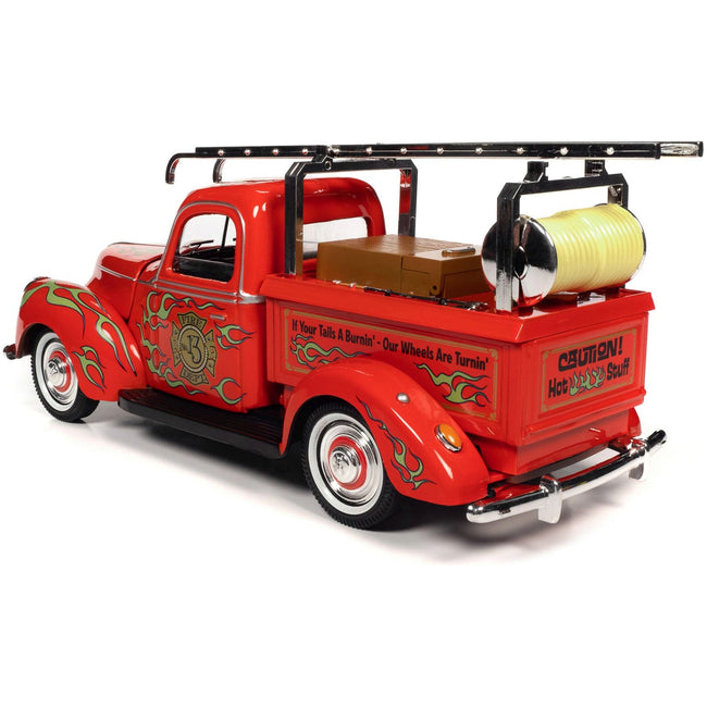 "Rat Fink" Fire Engine Truck Red with Graphics and Rat Fink Firefighter Resin Figure 1/18 Diecast Model Car by Auto World - Autoworld - ModelCars.com