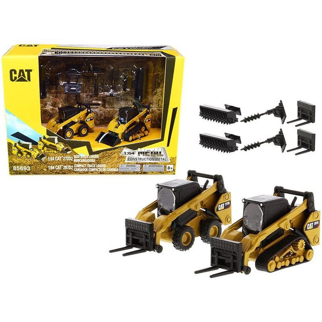 Set of 2 pieces CAT Caterpillar 272D2 Skid Steer Loader and CAT Caterpillar 297D2 Compact Track Loader with Accessories 1/64 Diecast Models by Diecast Masters-Diecast Masters-ModelCars.com