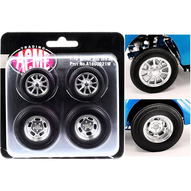 Show Chrome Gasser Wheels and Tires Set of 4 pieces from "1940 Gasser" for 1/18 Scale Models by ACME-Acme-ModelCars.com