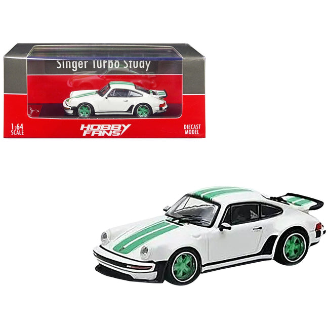 Singer Turbo Study White with Green Stripes and Wheels 1/64 Diecast Model Car by Hobby Fans-Hobby Fans-ModelCars.com
