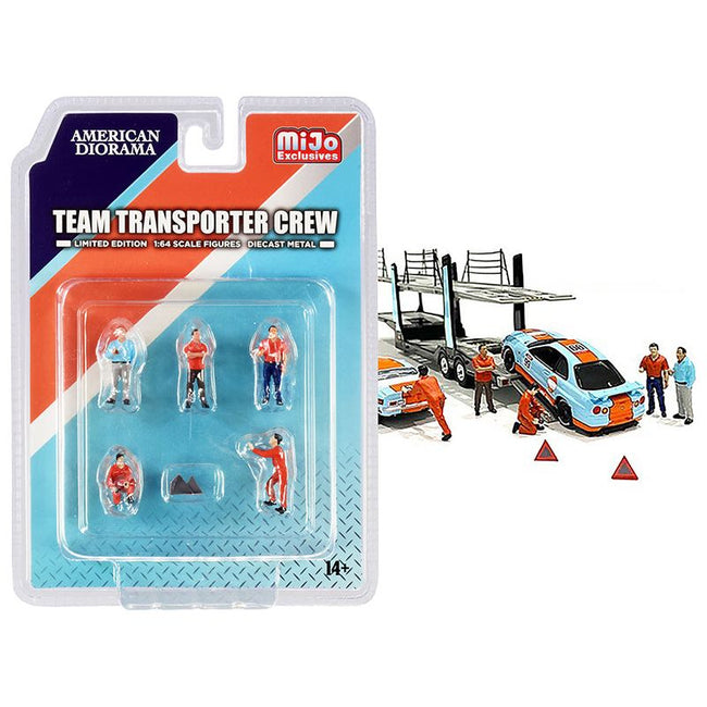 "Team Transporter Crew" Diecast Set of 6 pieces (5 Figurines and 2 Warning Triangles) for 1/64 Scale Models by American Diorama - American Diorama - ModelCars.com