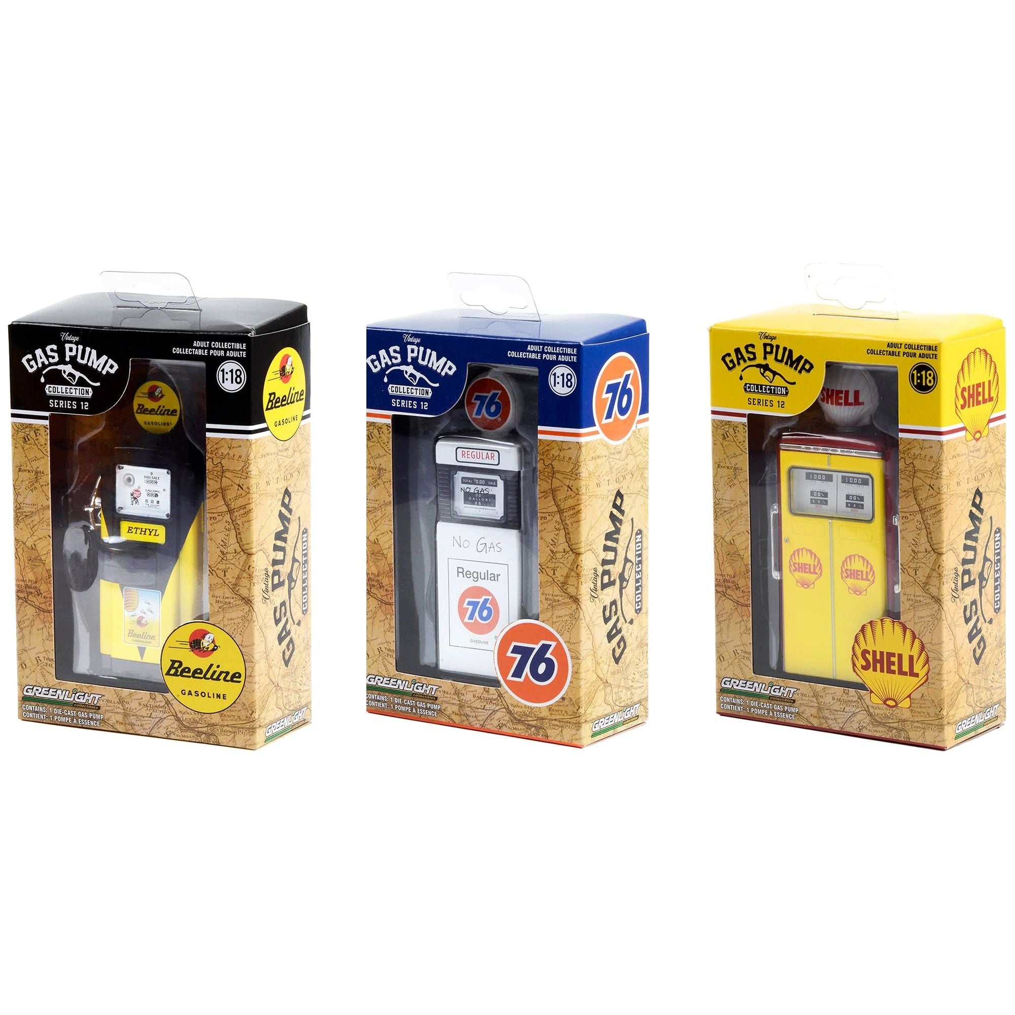 "Vintage Gas Pump" Set of 3 Pumps Series 12 1/18 Diecast Models by Greenlight - Greenlight - ModelCars.com