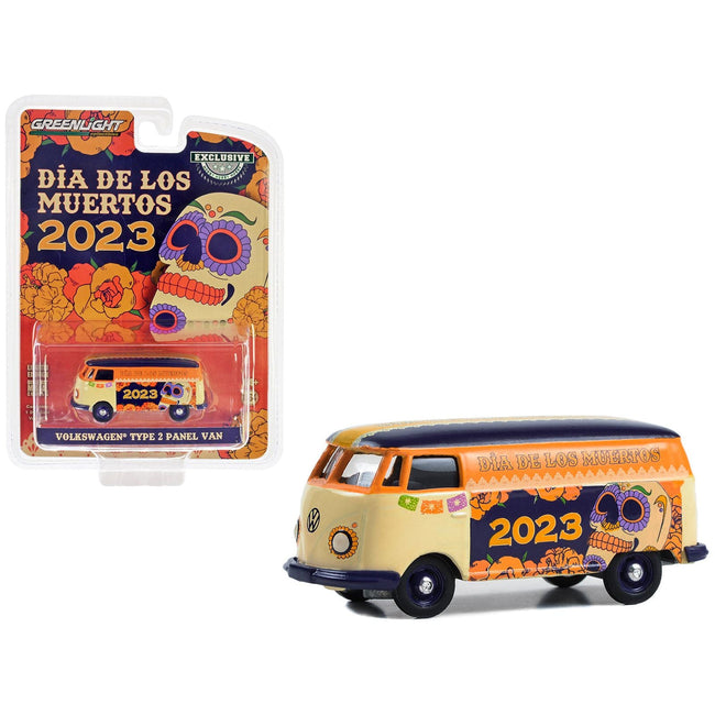 Volkswagen Type 2 Panel Van Beige and Orange with Blue Top "Dia de los Muertos 2023" "Hobby Exclusive" Series 1/64 Diecast Model Car by Greenlight - Greenlight - ModelCars.com