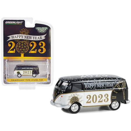 Volkswagen Type 2 Panel Van "Happy New Year 2023" Black and White "Hobby Exclusive" Series 1/64 Diecast Model by Greenlight-Greenlight-ModelCars.com