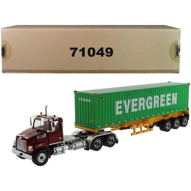 Western Star 4700 SB Tandem Truck Tractor Metallic Red with Skeleton Trailer and 40' Dry Goods Sea Container "EverGreen" "Transport Series" 1/50 Diecast Model by Diecast Masters - Diecast Masters - ModelCars.com