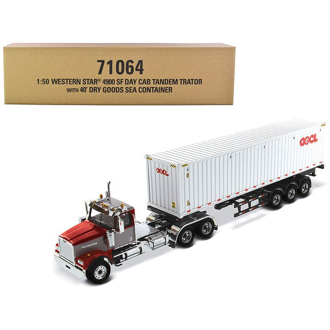 Western Star 4900 SF Tandem Day Cab Truck Tractor Red and Gray with 40' Dry Goods Sea Container "OOCL" White "Transport Series" 1/50 Diecast Model by Diecast Masters - Diecast Masters - ModelCars.com