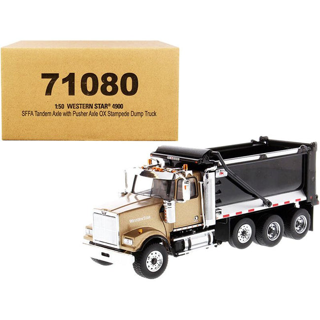 Western Star 4900 SFFA Tandem with Pusher Axle OX Stampede Dump Truck Gold and Black "Transport Series" 1/50 Diecast Model by Diecast Masters-Diecast Masters-ModelCars.com