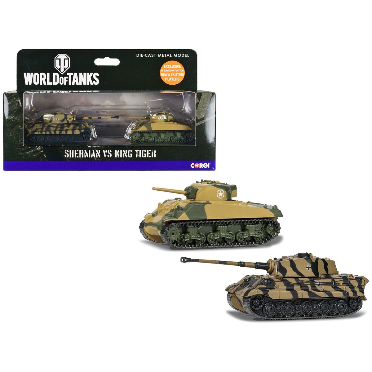 "World of Tanks" Versus Series American Sherman Tank vs German King Tiger Tank Set of 2 Pieces Diecast Models by Corgi-Corgi-ModelCars.com
